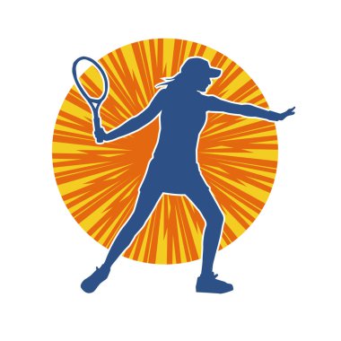 Hareketli bir bayan tenisçinin silueti. Raketle tenis oynayan bir kadının silueti..