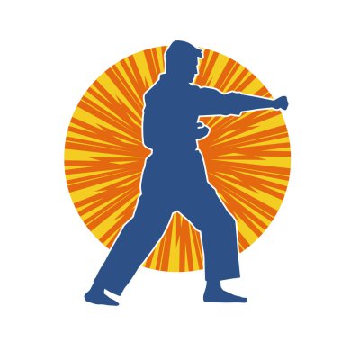 Doğu dövüş sanatı pozu veren bir adamın silueti. Dövüş sanatlarında bir erkeğin silueti..