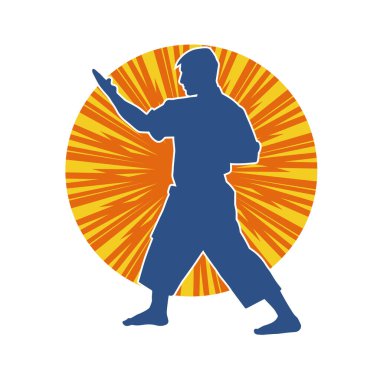 Doğu dövüş sanatı pozu veren bir adamın silueti. Dövüş sanatlarında bir erkeğin silueti..