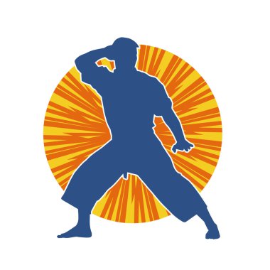 Doğu dövüş sanatı pozu veren bir adamın silueti. Dövüş sanatlarında bir erkeğin silueti..