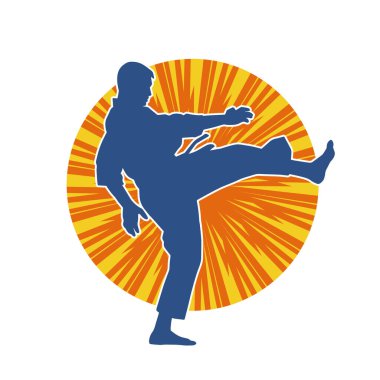 Dövüş sanatları pozu veren bir erkeğin silueti. Dövüş sanatları ustasının silueti tekme atma pozu veriyor..