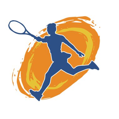 Hareketli bir bayan tenisçinin silueti. Raketle tenis oynayan bir kadının silueti..