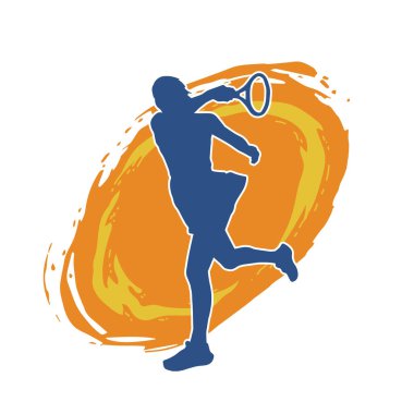 Hareketli bir bayan tenisçinin silueti. Raketle tenis oynayan bir kadının silueti..