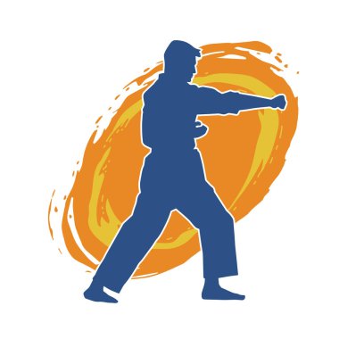 Doğu dövüş sanatı pozu veren bir adamın silueti. Dövüş sanatlarında bir erkeğin silueti..