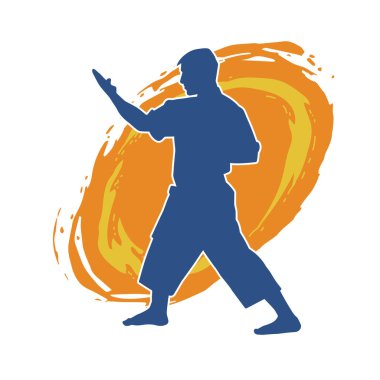 Doğu dövüş sanatı pozu veren bir adamın silueti. Dövüş sanatlarında bir erkeğin silueti..