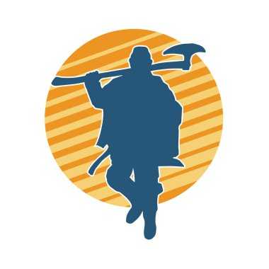 Geniş bıçaklı savaş baltası taşıyan bir erkek savaşçının silueti. Sakallı balta silahı olan bir Viking savaşçısının silueti..