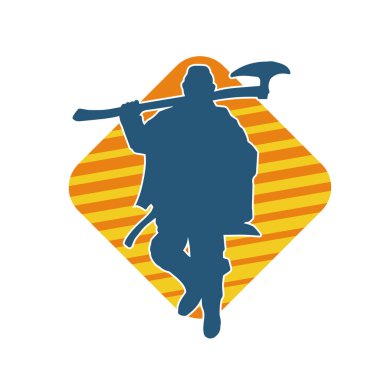 Geniş bıçaklı savaş baltası taşıyan bir erkek savaşçının silueti. Sakallı balta silahı olan bir Viking savaşçısının silueti..