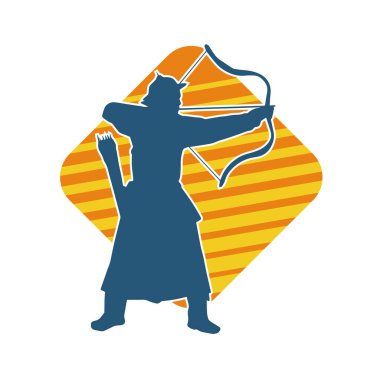 Hareketli erkek okçu savaşçısının silueti. Okçuluk silahı taşıyan bir adamın silueti..