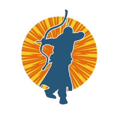 Hareketli erkek okçu savaşçısının silueti. Okçuluk silahı taşıyan bir adamın silueti..