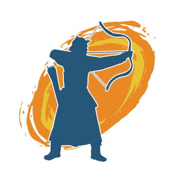 Hareketli erkek okçu savaşçısının silueti. Okçuluk silahı taşıyan bir adamın silueti..