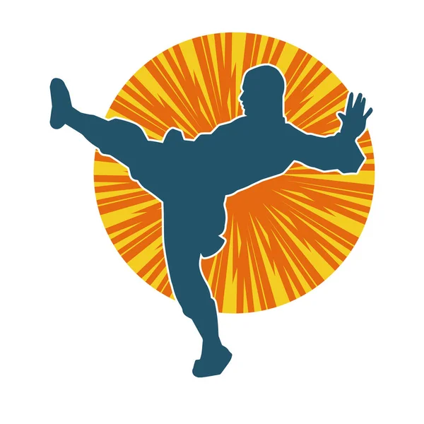 Dövüş sanatları pozu veren bir erkeğin silueti. Dövüş sanatları ustasının silueti tekme atma pozu veriyor..