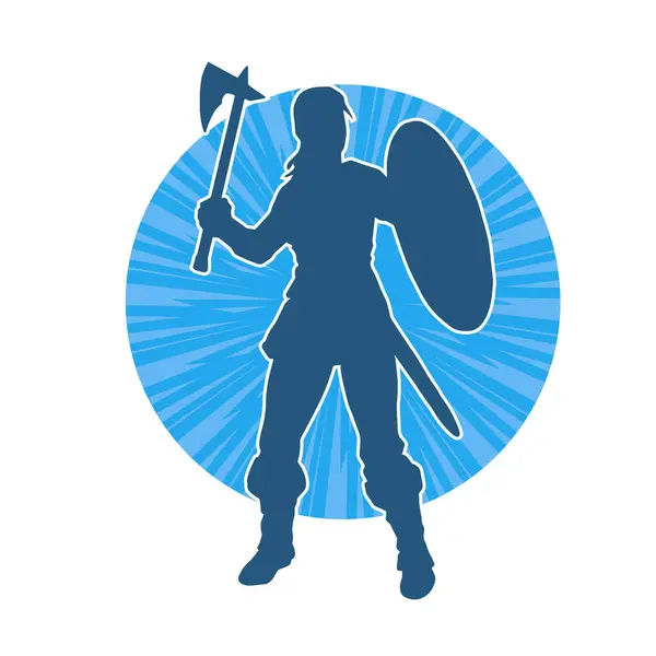 stock vector Silhouette of a sexy female warrior in battle armor carrying axe weapon and iron shield.