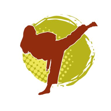 Dövüş sanatları tekmesi atan bir kadının silueti. Sportif bir kadının silueti tekme hareketi yapıyor..