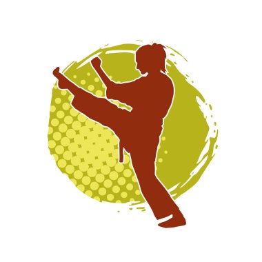 Dövüş sanatları tekmesi atan bir kadının silueti. Sportif bir kadının silueti tekme hareketi yapıyor..