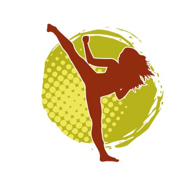 Dövüş sanatları tekmesi atan bir kadının silueti. Sportif bir kadının silueti tekme hareketi yapıyor..