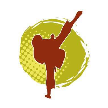 Dövüş sanatları tekmesi atan bir kadının silueti. Sportif bir kadının silueti tekme hareketi yapıyor..