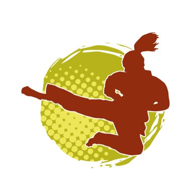 Dövüş sanatları tekmesi atan bir kadının silueti. Sportif bir kadının silueti tekme hareketi yapıyor..