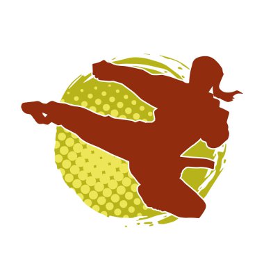 Dövüş sanatları tekmesi atan bir kadının silueti. Sportif bir kadının silueti tekme hareketi yapıyor..