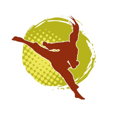 Dövüş sanatları tekmesi atan bir kadının silueti. Sportif bir kadının silueti tekme hareketi yapıyor..