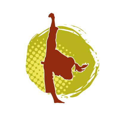 Dövüş sanatları tekmesi atan bir kadının silueti. Sportif bir kadının silueti tekme hareketi yapıyor..