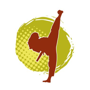Dövüş sanatları tekmesi atan bir kadının silueti. Sportif bir kadının silueti tekme hareketi yapıyor..