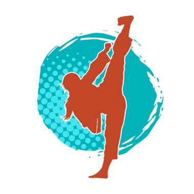Dövüş sanatları tekmesi atan bir kadının silueti. Sportif bir kadının silueti tekme hareketi yapıyor..