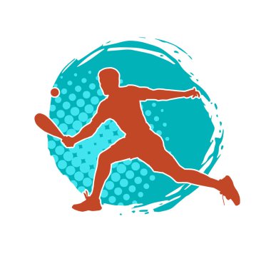 Hareketli bir erkek tenisçinin silueti. Raketle tenis oynayan bir adamın silueti..