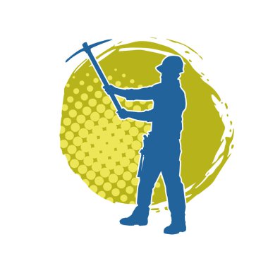 Görev sırasında baltayla dolaşan işçi kostümlü bir adamın silüeti. Bir madencinin hareket halindeki silueti balta aracı ile poz verir.