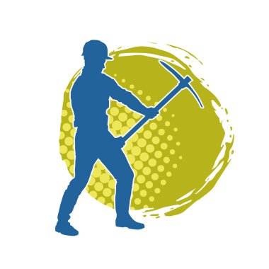 Görev sırasında baltayla dolaşan işçi kostümlü bir adamın silüeti. Bir madencinin hareket halindeki silueti balta aracı ile poz verir.