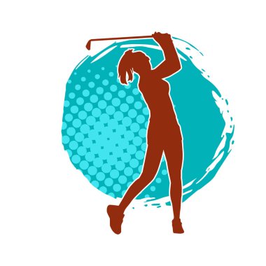 Golf oynayan bir kadının silüeti. Hareketli bir kadın golfçünün silueti..