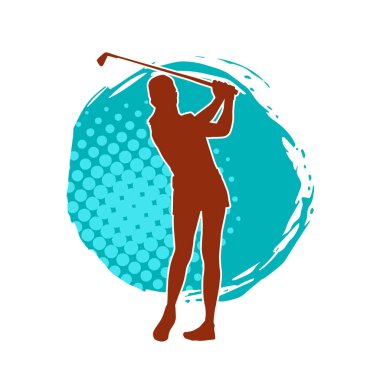 Golf oynayan bir kadının silüeti. Hareketli bir kadın golfçünün silueti..