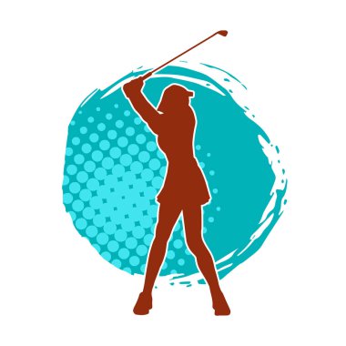 Golf oynayan bir kadının silüeti. Hareketli bir kadın golfçünün silueti..