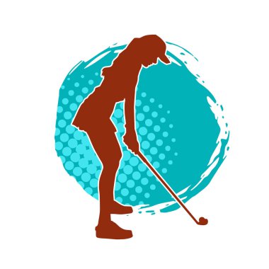 Golf oynayan bir kadının silüeti. Hareketli bir kadın golfçünün silueti..