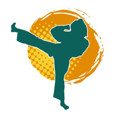 Dövüş sanatları tekmesi atan bir kadının silueti. Sportif bir kadının silueti tekme hareketi yapıyor..