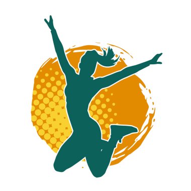 Neşeli bir şekilde atlayan mutlu, zayıf bir kadının silueti.