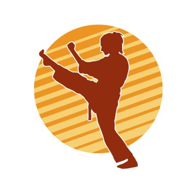 Dövüş sanatları tekmesi atan bir kadının silueti. Sportif bir kadının silueti tekme hareketi yapıyor..
