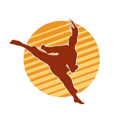 Dövüş sanatları tekmesi atan bir kadının silueti. Sportif bir kadının silueti tekme hareketi yapıyor..