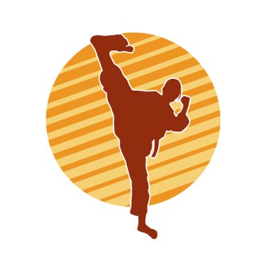 Dövüş sanatları tekmesi atan bir kadının silueti. Sportif bir kadının silueti tekme hareketi yapıyor..