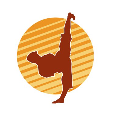 Dövüş sanatları pozu veren bir erkeğin silueti. Dövüş sanatları ustasının silueti tekme atma pozu veriyor..