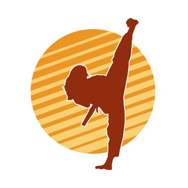 Dövüş sanatları tekmesi atan bir kadının silueti. Sportif bir kadının silueti tekme hareketi yapıyor..
