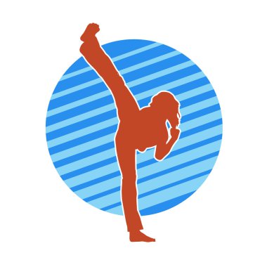 Dövüş sanatları tekmesi atan bir kadının silueti. Sportif bir kadının silueti tekme hareketi yapıyor..