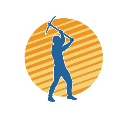 Görev sırasında baltayla dolaşan işçi kostümlü bir adamın silüeti. Bir madencinin hareket halindeki silueti balta aracı ile poz verir.