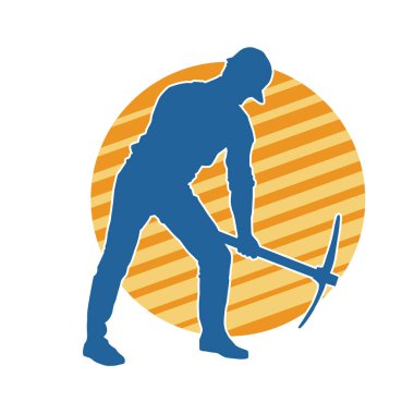 Görev sırasında baltayla dolaşan işçi kostümlü bir adamın silüeti. Bir madencinin hareket halindeki silueti balta aracı ile poz verir.