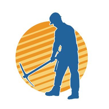 Görev sırasında baltayla dolaşan işçi kostümlü bir adamın silüeti. Bir madencinin hareket halindeki silueti balta aracı ile poz verir.