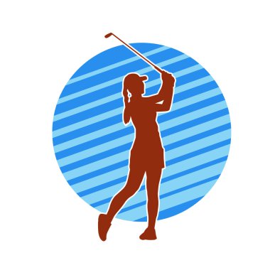 Golf oynayan bir kadının silüeti. Hareketli bir kadın golfçünün silueti..