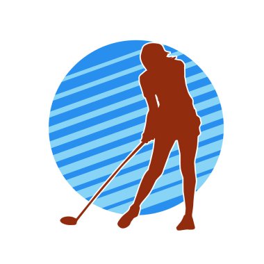 Golf oynayan bir kadının silüeti. Hareketli bir kadın golfçünün silueti..