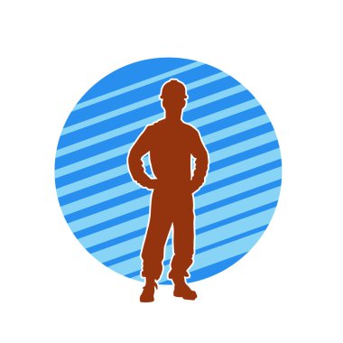 İnşaat işçisi kostümlü bir adamın silueti. İnşaat işçisinin silueti pozda.. 