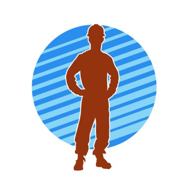 İnşaat işçisi kostümlü bir adamın silueti. İnşaat işçisinin silueti pozda.. 