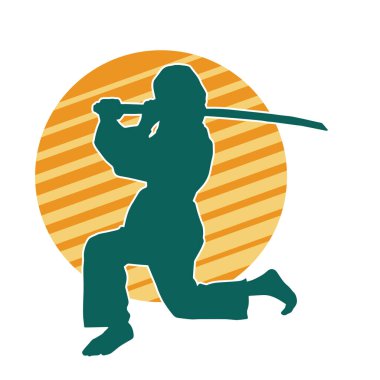 Bir kadın dövüşçünün silueti kılıç taşırken poz veriyor..