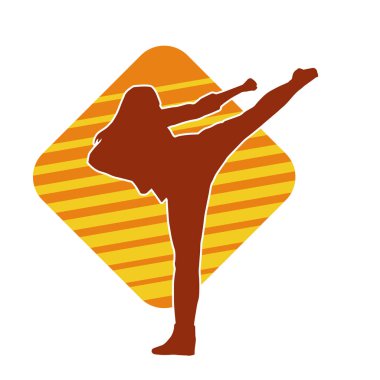Dövüş sanatları tekmesi atan bir kadının silueti. Sportif bir kadının silueti tekme hareketi yapıyor..